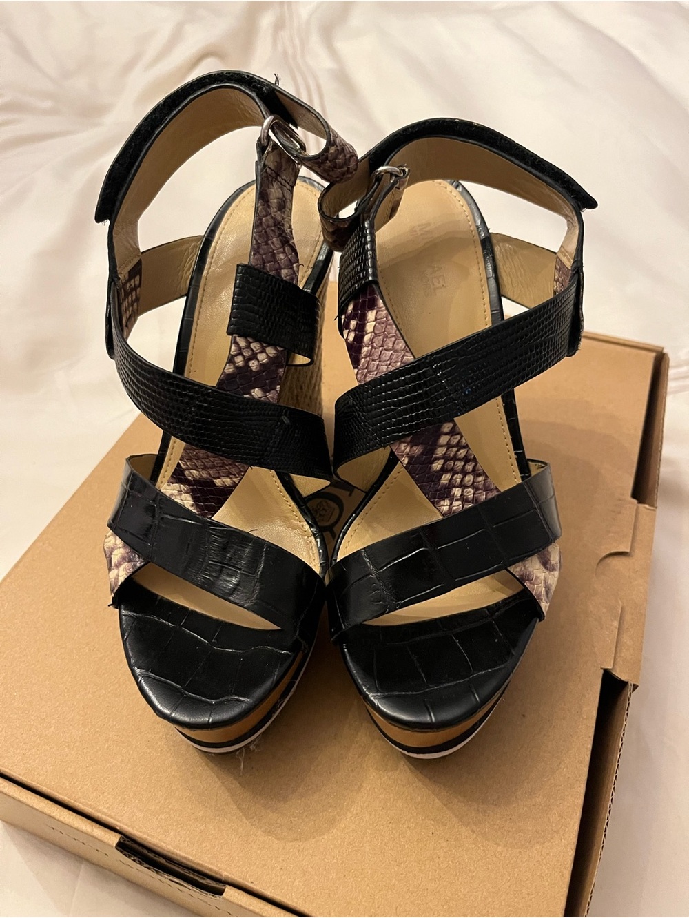 Michael Kors Black Croc-Effect Platform Sandals with Snakeskin Accents